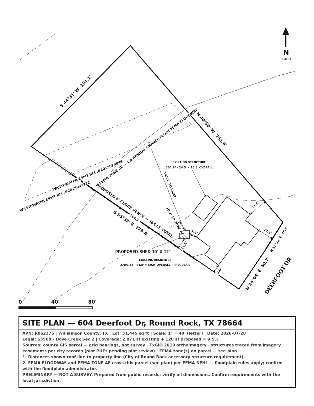 Fence site plan drawing with property lines, existing buildings, a labeled cedar fence, easements, flood information, dimensions, north arrow, scale, and title block